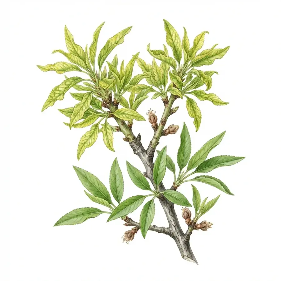 Almendro con carencia de zinc: brotes con hojas pequeñas, estrechas y moteadas de amarillo.