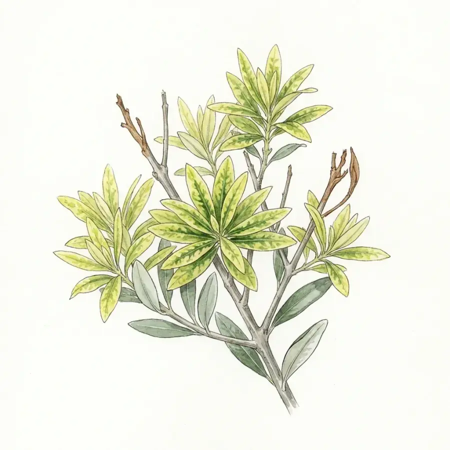 Olivo con carencia de zinc: brotes con hojas pequeñas, estrechas y moteadas de amarillo.