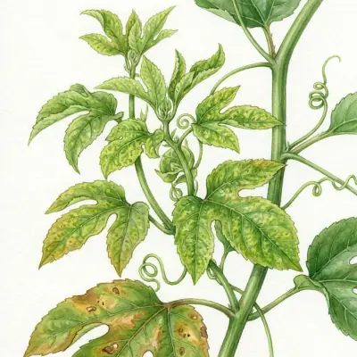 Maracuyá con carencia de zinc: brotes con hojas pequeñas, estrechas y moteadas de amarillo.